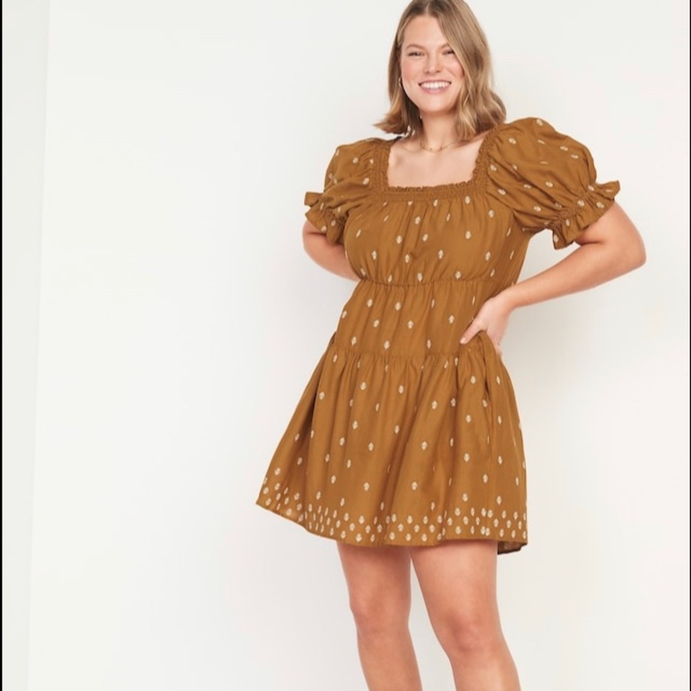 Puff-Sleeve Tiered Smocked Embroidered Mini Swing Dress